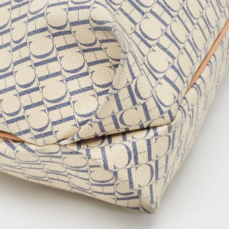 Pre Owned CH Carolina Herrera Off White/Blue Signature Coated Canvas and Leather Tote