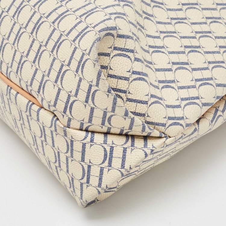 Pre Owned CH Carolina Herrera Off White/Blue Signature Coated Canvas and Leather Tote