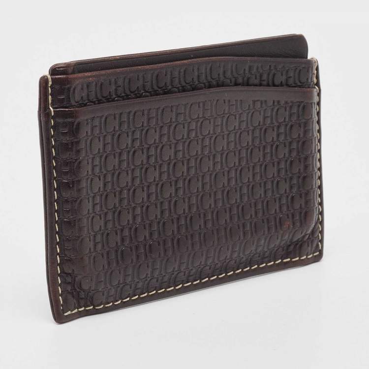 Pre Owned CH Carolina Herrera Dark Brown Monogram Leather Card Holder 
