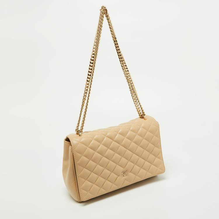 Pre Owned CH Carolina Herrera Beige Quilted Leather Chain Flap Shoulder Bag