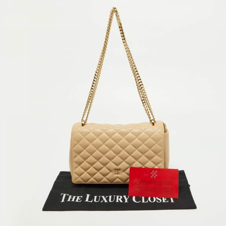 Pre Owned CH Carolina Herrera Beige Quilted Leather Chain Flap Shoulder Bag