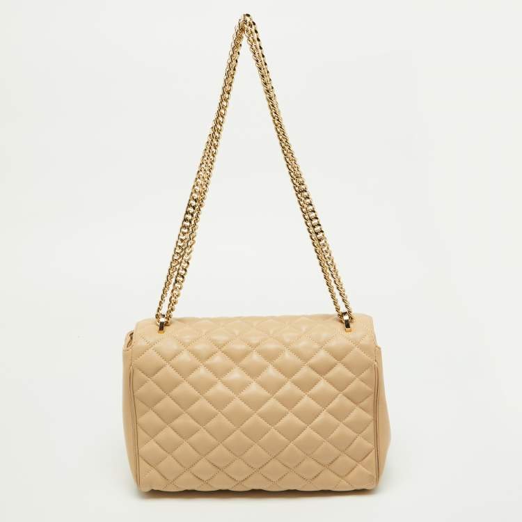 Pre Owned CH Carolina Herrera Beige Quilted Leather Chain Flap Shoulder Bag