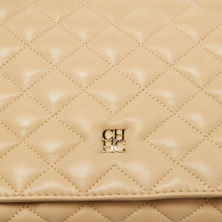 Pre Owned CH Carolina Herrera Beige Quilted Leather Chain Flap Shoulder Bag