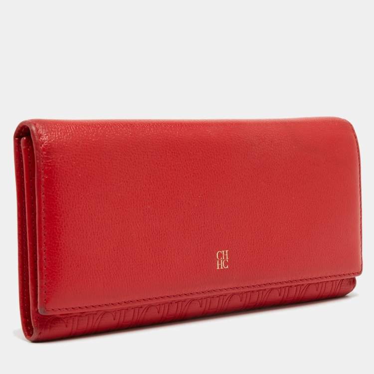 Pre Owned CH Carolina Herrera Red Monogram Embossed Leather Trifold Continental Wallet