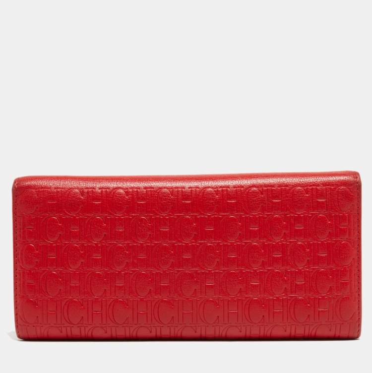Pre Owned CH Carolina Herrera Red Monogram Embossed Leather Trifold Continental Wallet