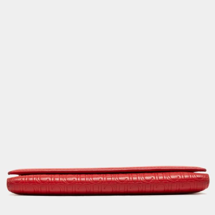 Pre Owned CH Carolina Herrera Red Monogram Embossed Leather Trifold Continental Wallet