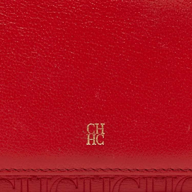 Pre Owned CH Carolina Herrera Red Monogram Embossed Leather Trifold Continental Wallet