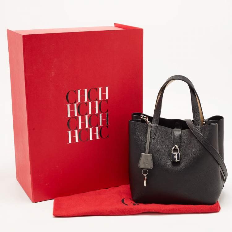 Pre Owned CH Carolina Herrera Black Leather Small Matryoshka Locked Tote