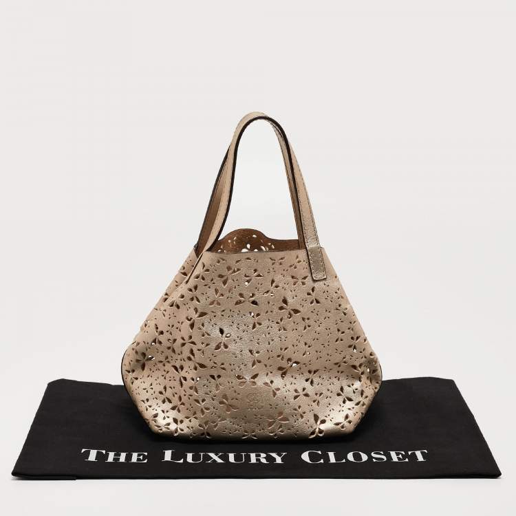 Pre Owned Carolina Herrera Gold Butterfly Cut Leather Tote