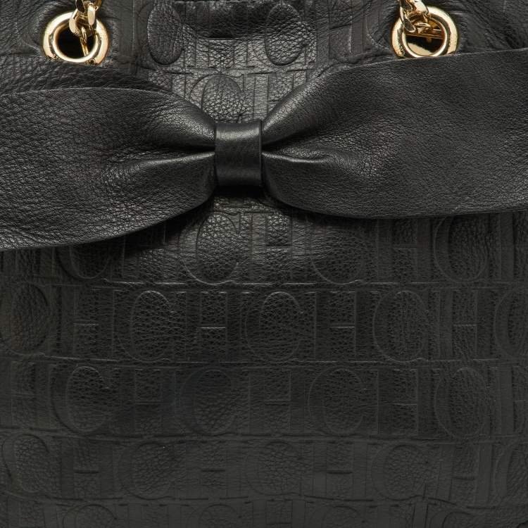 Pre Owned CH Carolina Herrera Black Embossed Leather Bow Shoulder Bag