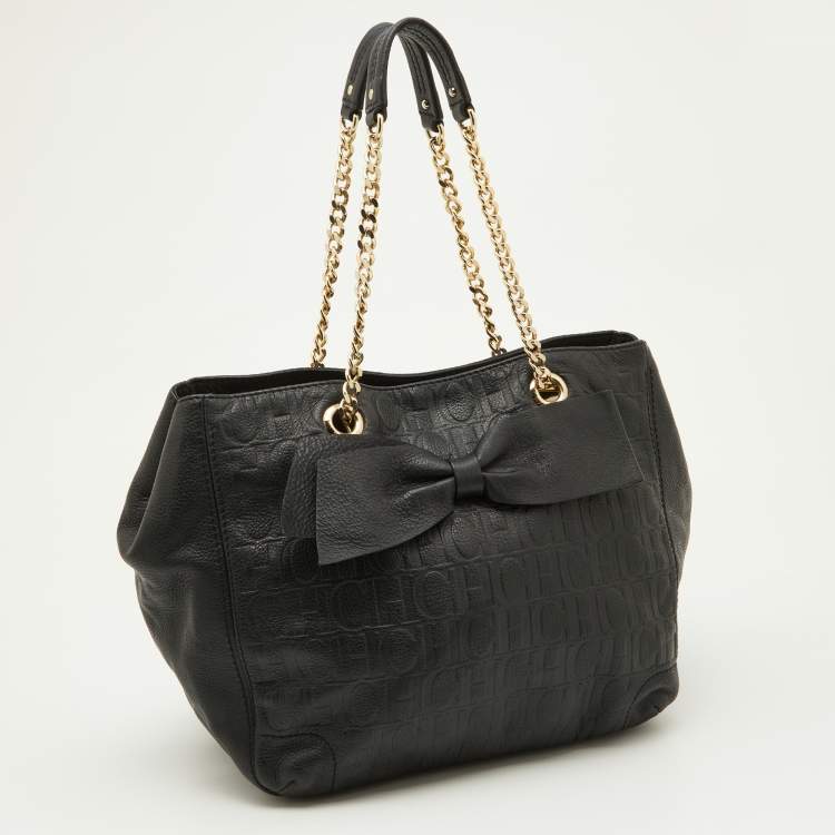 Pre Owned CH Carolina Herrera Black Embossed Leather Bow Shoulder Bag