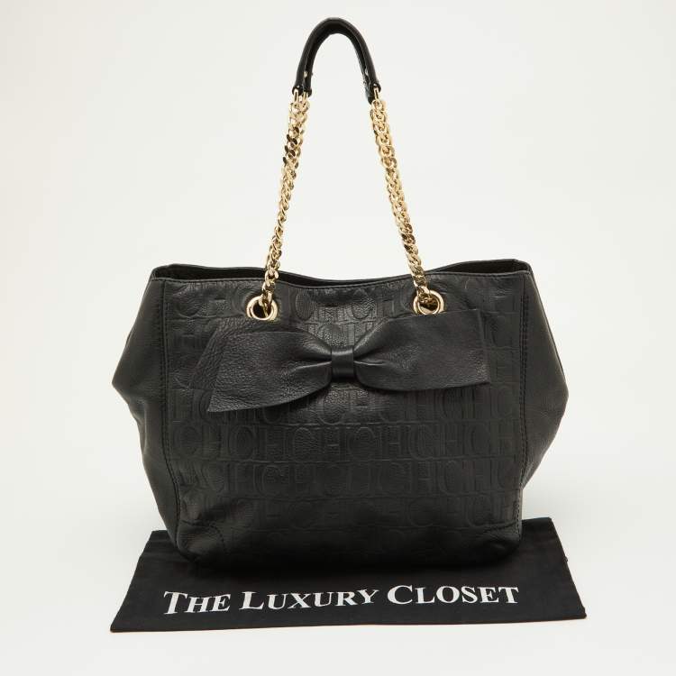 Pre Owned CH Carolina Herrera Black Embossed Leather Bow Shoulder Bag