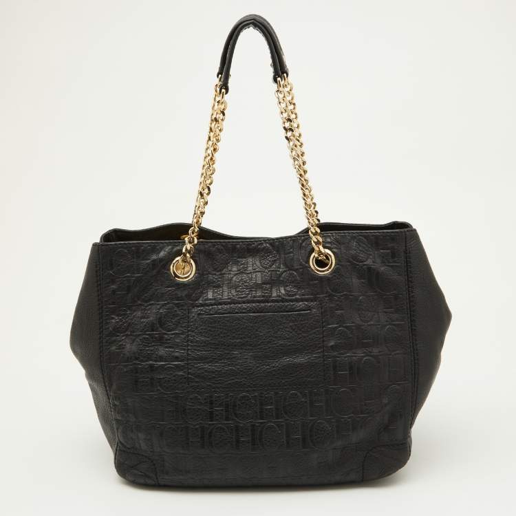 Pre Owned CH Carolina Herrera Black Embossed Leather Bow Shoulder Bag