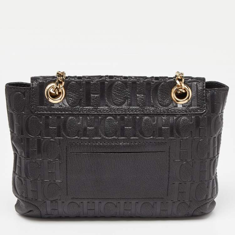 Pre Owned CH Carolina Herrera Black Monogram Embossed Leather Audrey Bow Flap Shoulder Bag