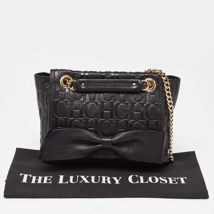 Pre Owned CH Carolina Herrera Black Monogram Embossed Leather Audrey Bow Flap Shoulder Bag