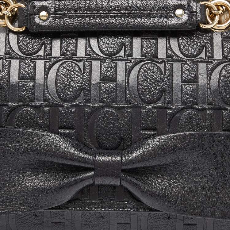 Pre Owned CH Carolina Herrera Black Monogram Embossed Leather Audrey Bow Flap Shoulder Bag