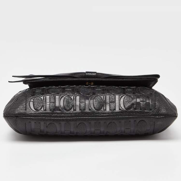 Pre Owned CH Carolina Herrera Black Monogram Embossed Leather Audrey Bow Flap Shoulder Bag