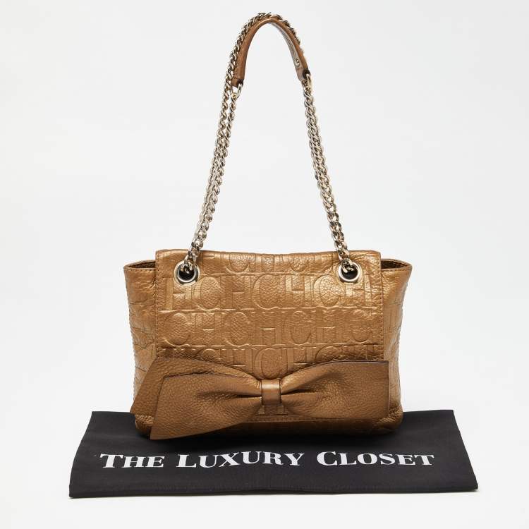 Pre Owned CH Carolina Herrera Gold Monogram Leather Audrey Shoulder Bag