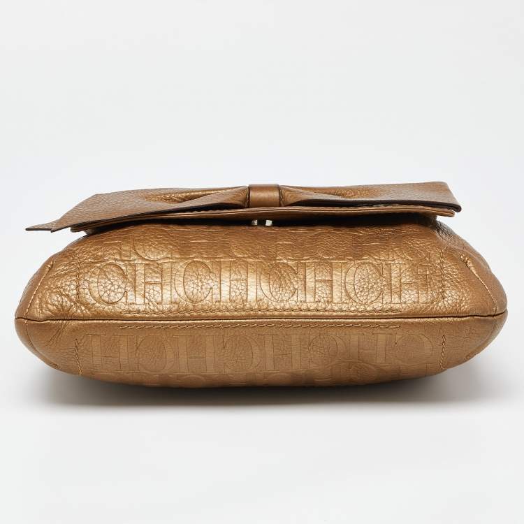 Pre Owned CH Carolina Herrera Gold Monogram Leather Audrey Shoulder Bag