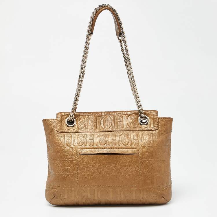 Pre Owned CH Carolina Herrera Gold Monogram Leather Audrey Shoulder Bag