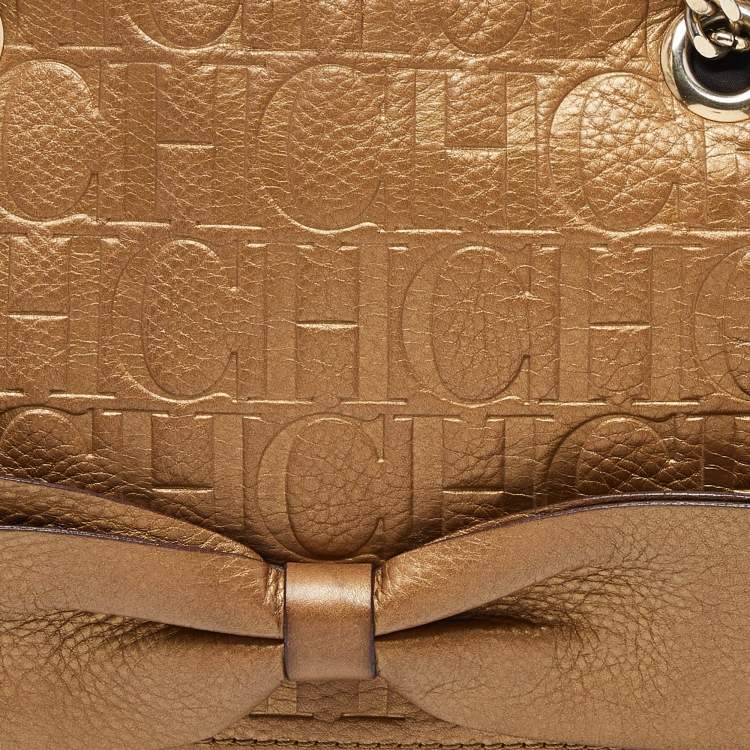 Pre Owned CH Carolina Herrera Gold Monogram Leather Audrey Shoulder Bag