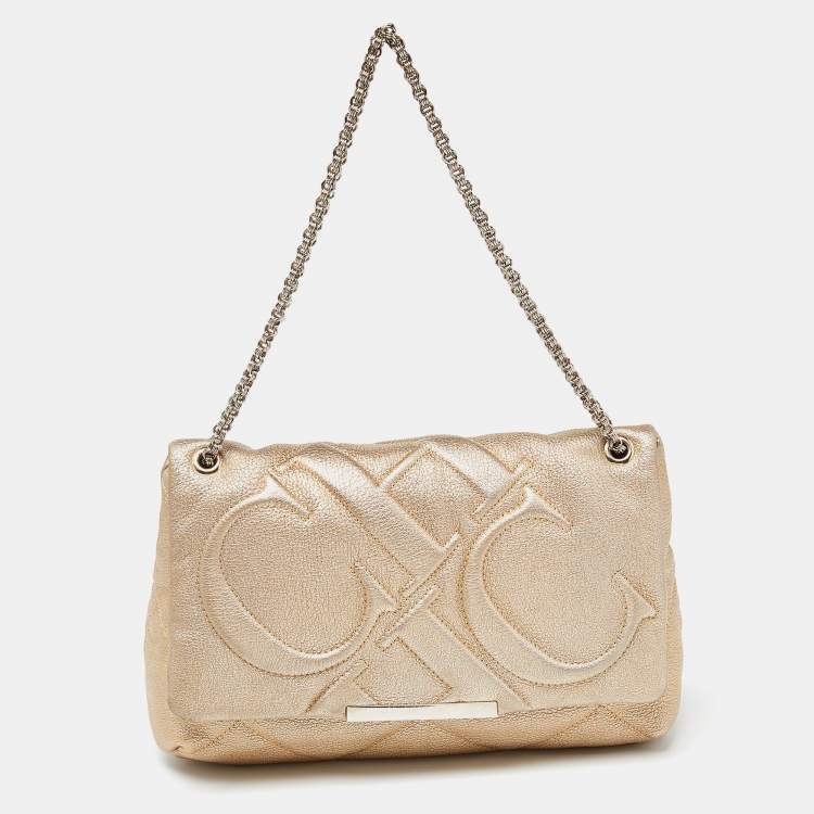 Pre Owned CH Carolina Herrera Gold CH Embossed Leather Flap Chain Shoulder Bag