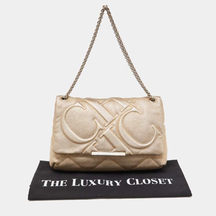 Pre Owned CH Carolina Herrera Gold CH Embossed Leather Flap Chain Shoulder Bag