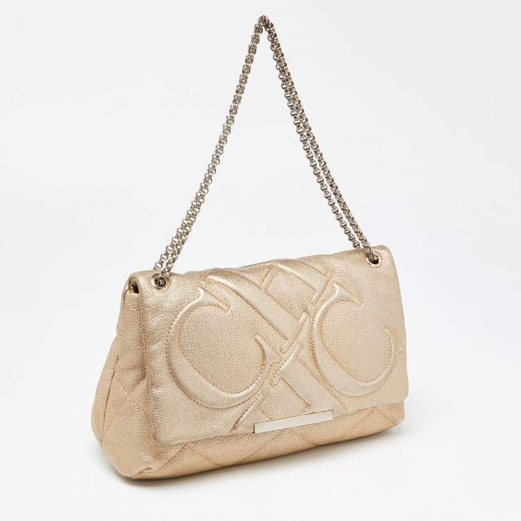 Pre Owned CH Carolina Herrera Gold CH Embossed Leather Flap Chain Shoulder Bag