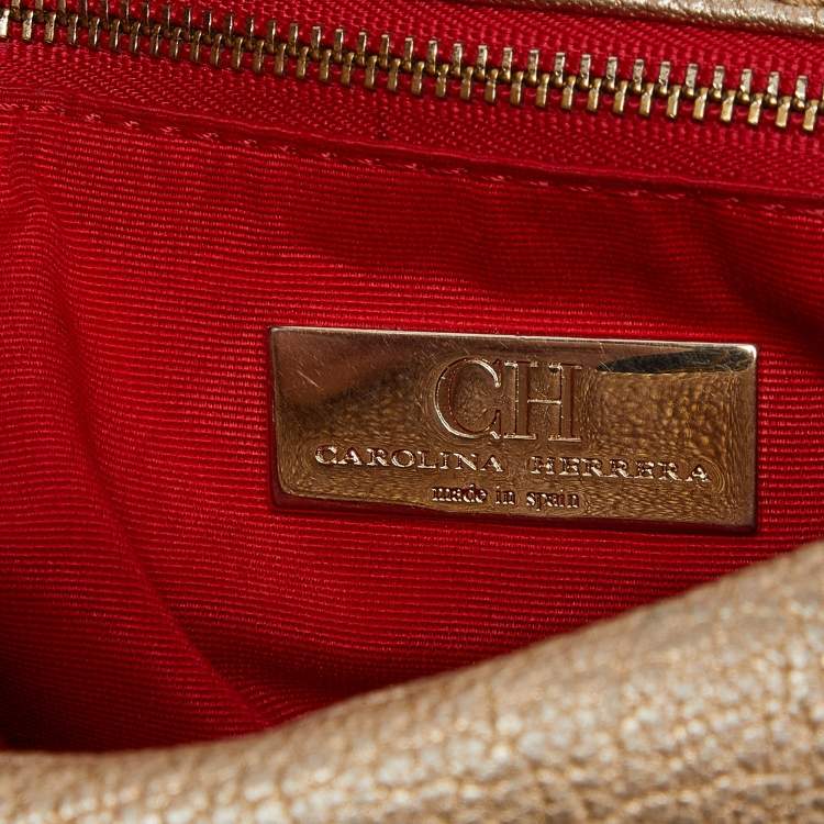 Pre Owned CH Carolina Herrera Gold CH Embossed Leather Flap Chain Shoulder Bag