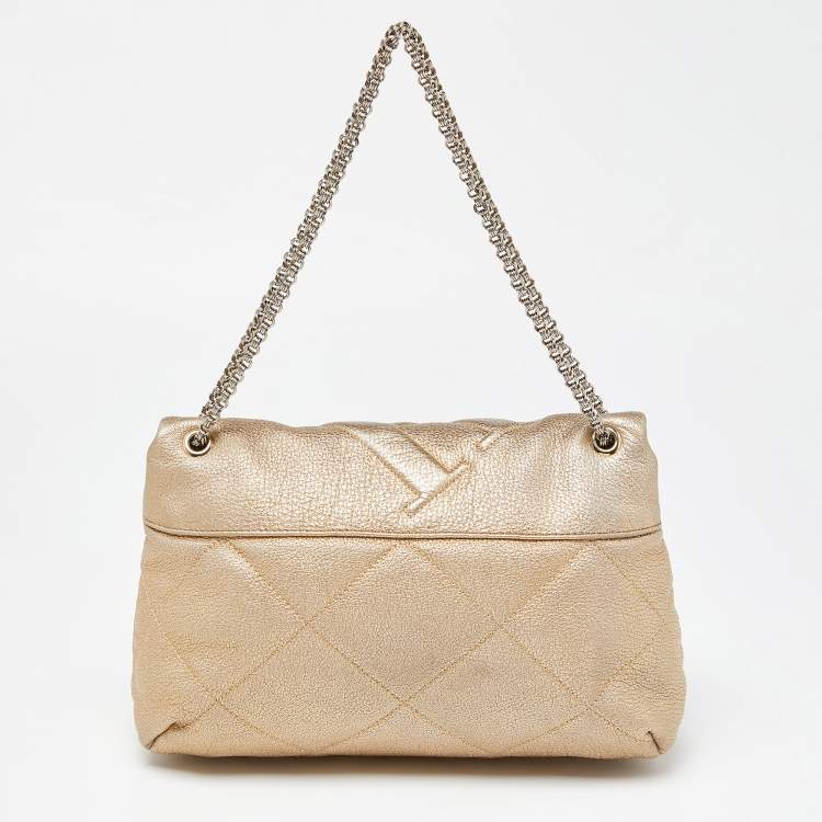 Pre Owned CH Carolina Herrera Gold CH Embossed Leather Flap Chain Shoulder Bag