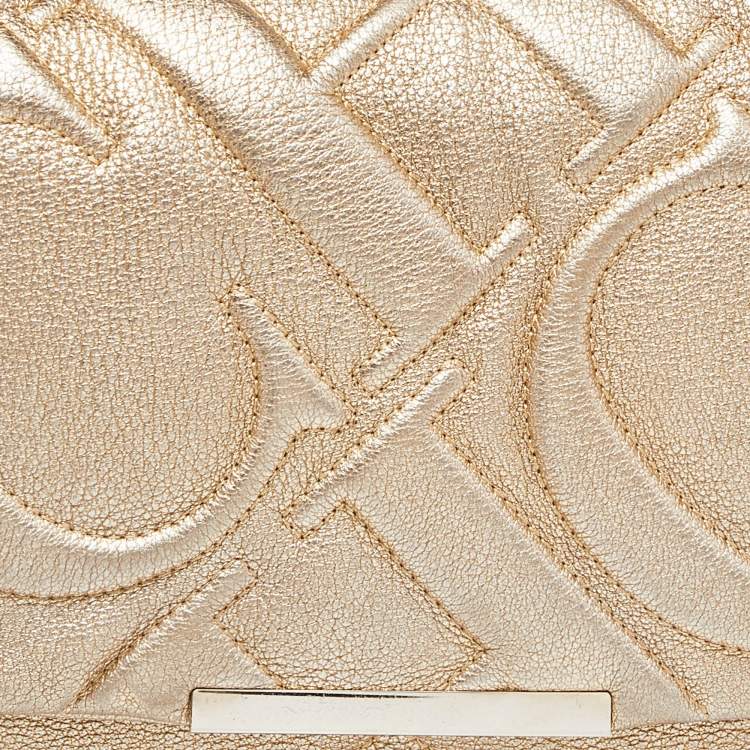 Pre Owned CH Carolina Herrera Gold CH Embossed Leather Flap Chain Shoulder Bag
