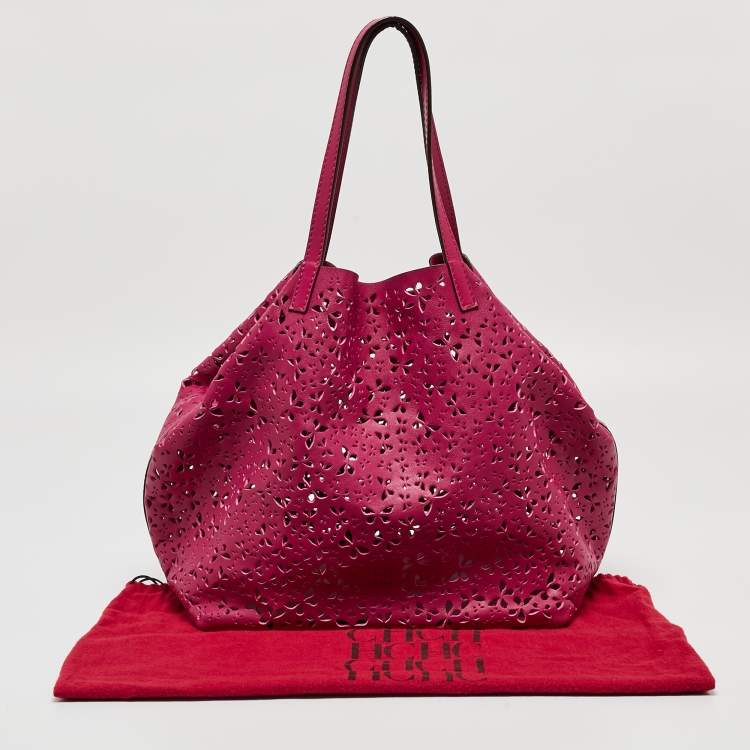 Pre Owned Carolina Herrera Fuchsia Butterfly Cut Leather Tote