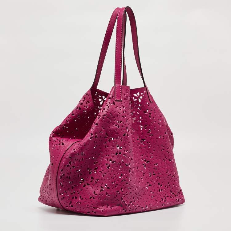 Pre Owned Carolina Herrera Fuchsia Butterfly Cut Leather Tote