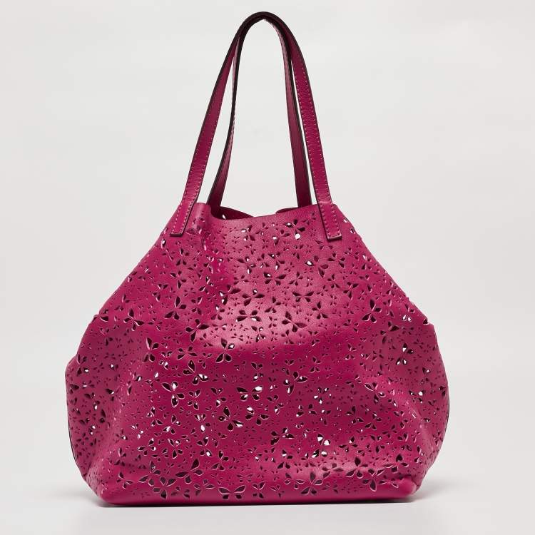 Pre Owned Carolina Herrera Fuchsia Butterfly Cut Leather Tote