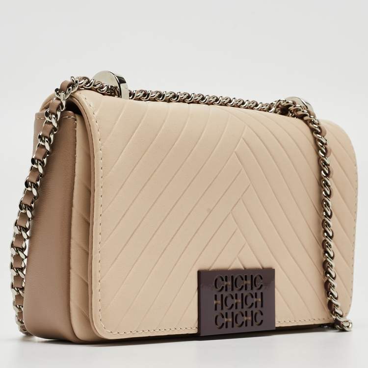 Pre Owned CH Carolina Herrera Beige Embossed Leather Chain Flap Shoulder Bag