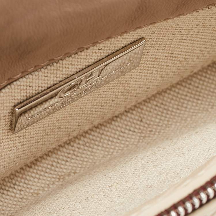 Pre Owned CH Carolina Herrera Beige Embossed Leather Chain Flap Shoulder Bag