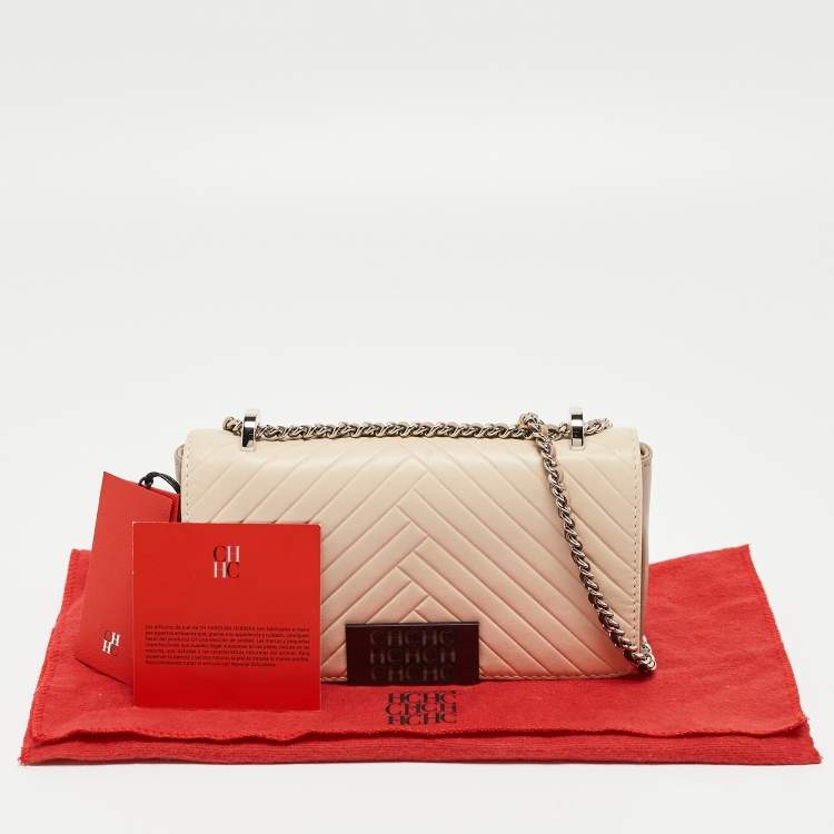Pre Owned CH Carolina Herrera Beige Embossed Leather Chain Flap Shoulder Bag
