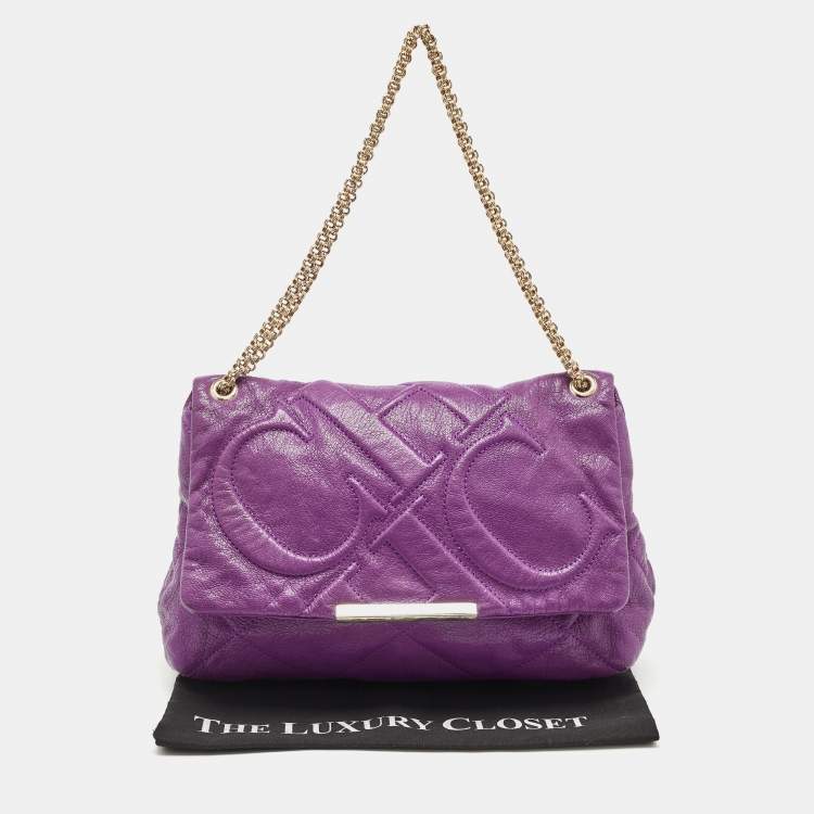 Pre Owned CH Carolina Herrera Purple Embossed Leather Metal Flap Shoulder Bag