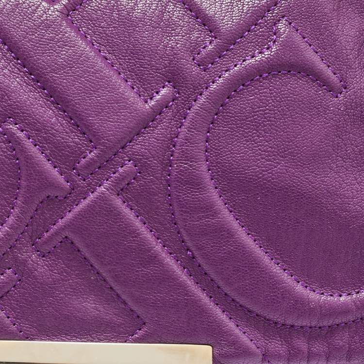 Pre Owned CH Carolina Herrera Purple Embossed Leather Metal Flap Shoulder Bag