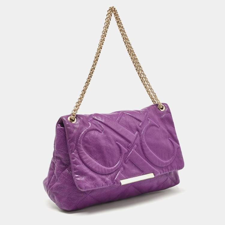 Pre Owned CH Carolina Herrera Purple Embossed Leather Metal Flap Shoulder Bag