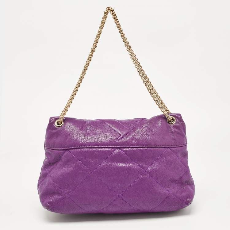 Pre Owned CH Carolina Herrera Purple Embossed Leather Metal Flap Shoulder Bag
