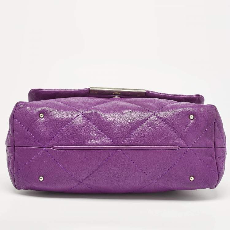 Pre Owned CH Carolina Herrera Purple Embossed Leather Metal Flap Shoulder Bag