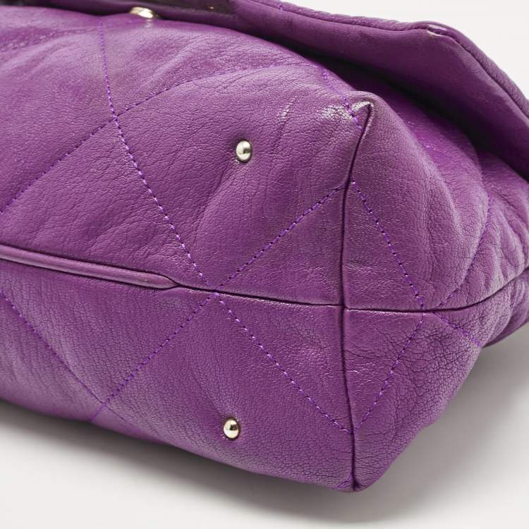 Pre Owned CH Carolina Herrera Purple Embossed Leather Metal Flap Shoulder Bag