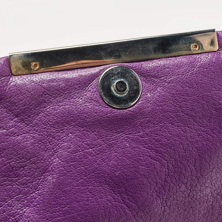 Pre Owned CH Carolina Herrera Purple Embossed Leather Metal Flap Shoulder Bag