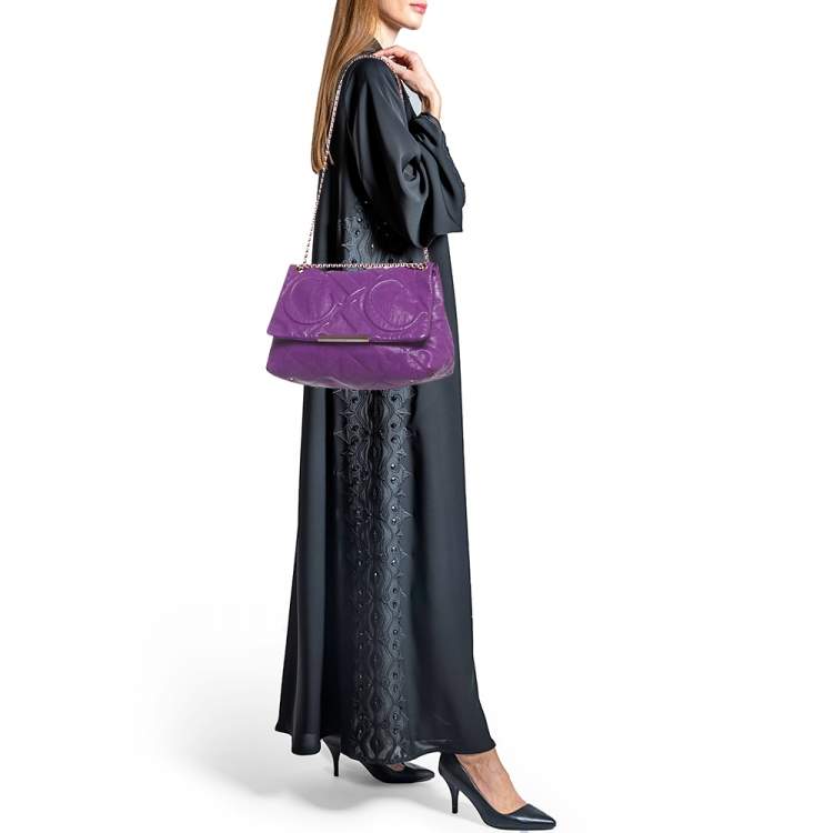 Pre Owned CH Carolina Herrera Purple Embossed Leather Metal Flap Shoulder Bag