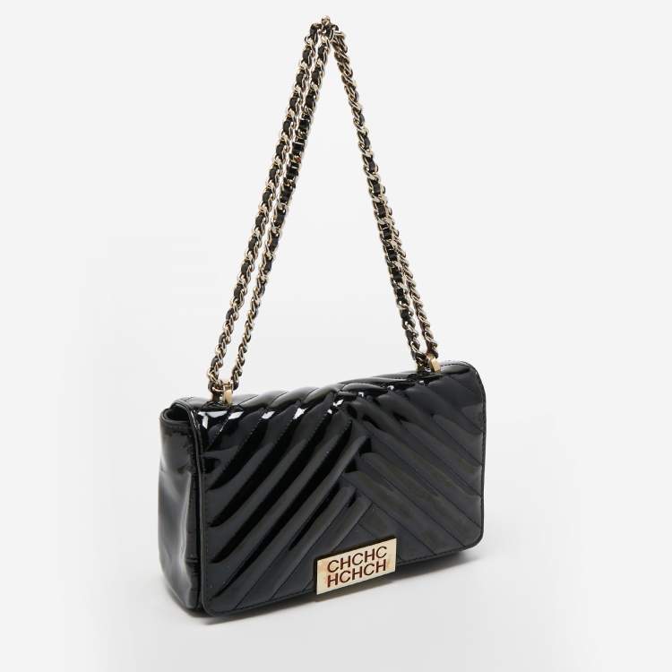 Pre Owned CH Carolina Herrera Black Quilted Patent Leather Flap Shoulder Bag
