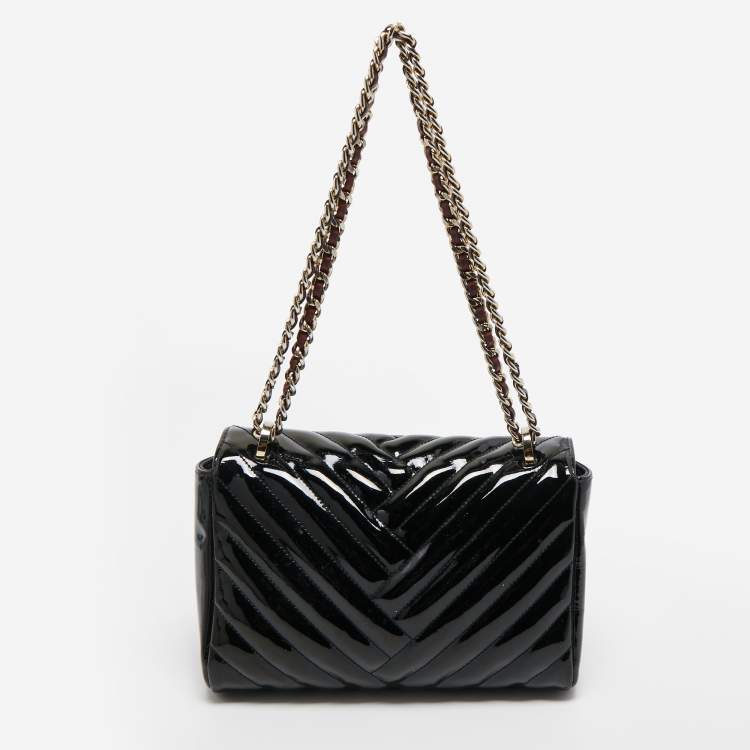 Pre Owned CH Carolina Herrera Black Quilted Patent Leather Flap Shoulder Bag