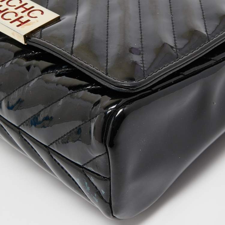 Pre Owned CH Carolina Herrera Black Quilted Patent Leather Flap Shoulder Bag