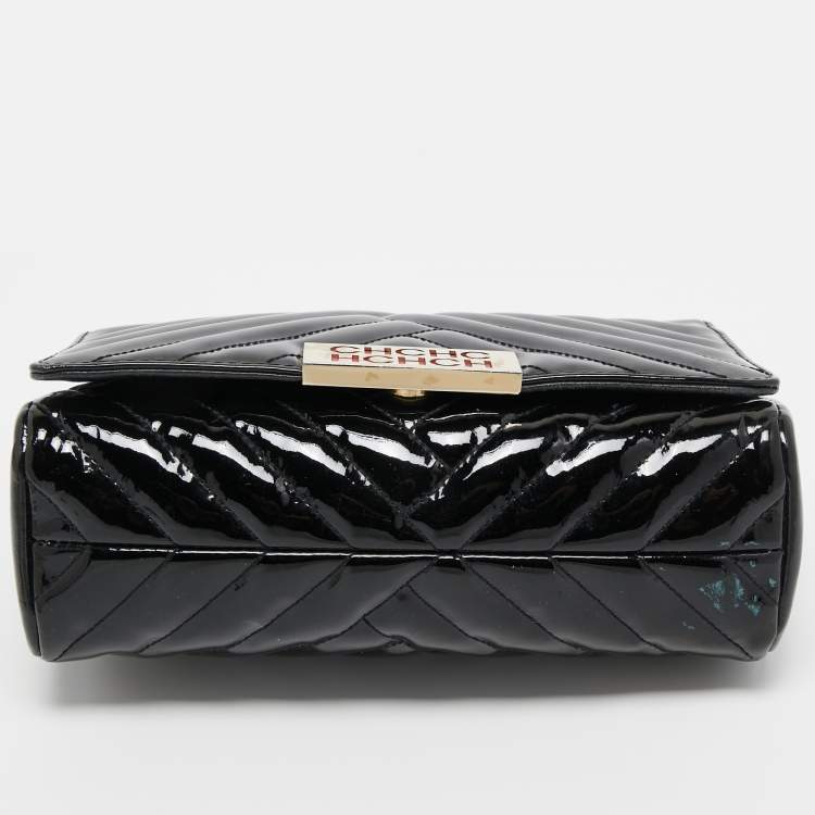 Pre Owned CH Carolina Herrera Black Quilted Patent Leather Flap Shoulder Bag