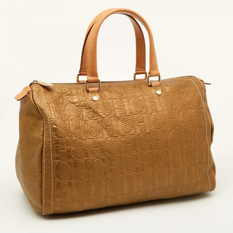Pre Owned CH Carolina Herrera Metallic Bronze Monogram Leather Large Andy Boston Bag